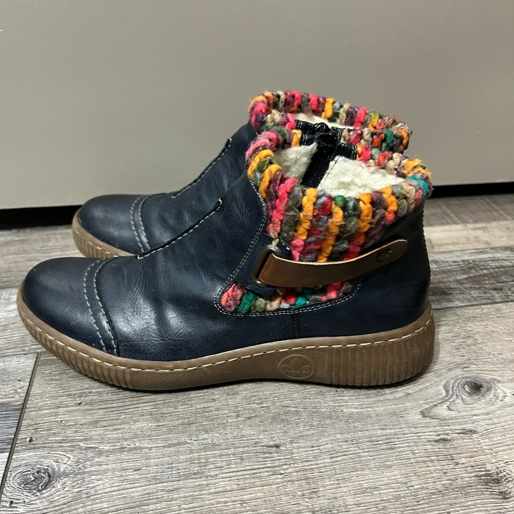 Rieker Navy Blue side zipper Ankle Boots with Colorful Knit Trim - Picture 7 of 11